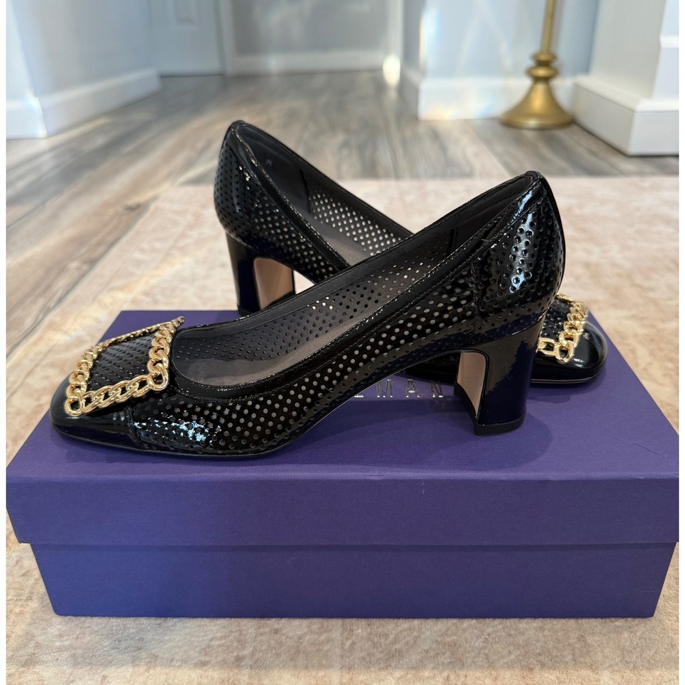 Stuart Weitzman Black Perforated Patent Leather Chain Buckle Block Heel Pump, 5 - Picture 2 of 6